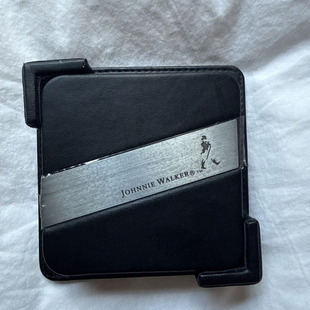 Johnnie Walker Scotch Whiskey Coasters Set of 4 Faux Black Leather With Holder